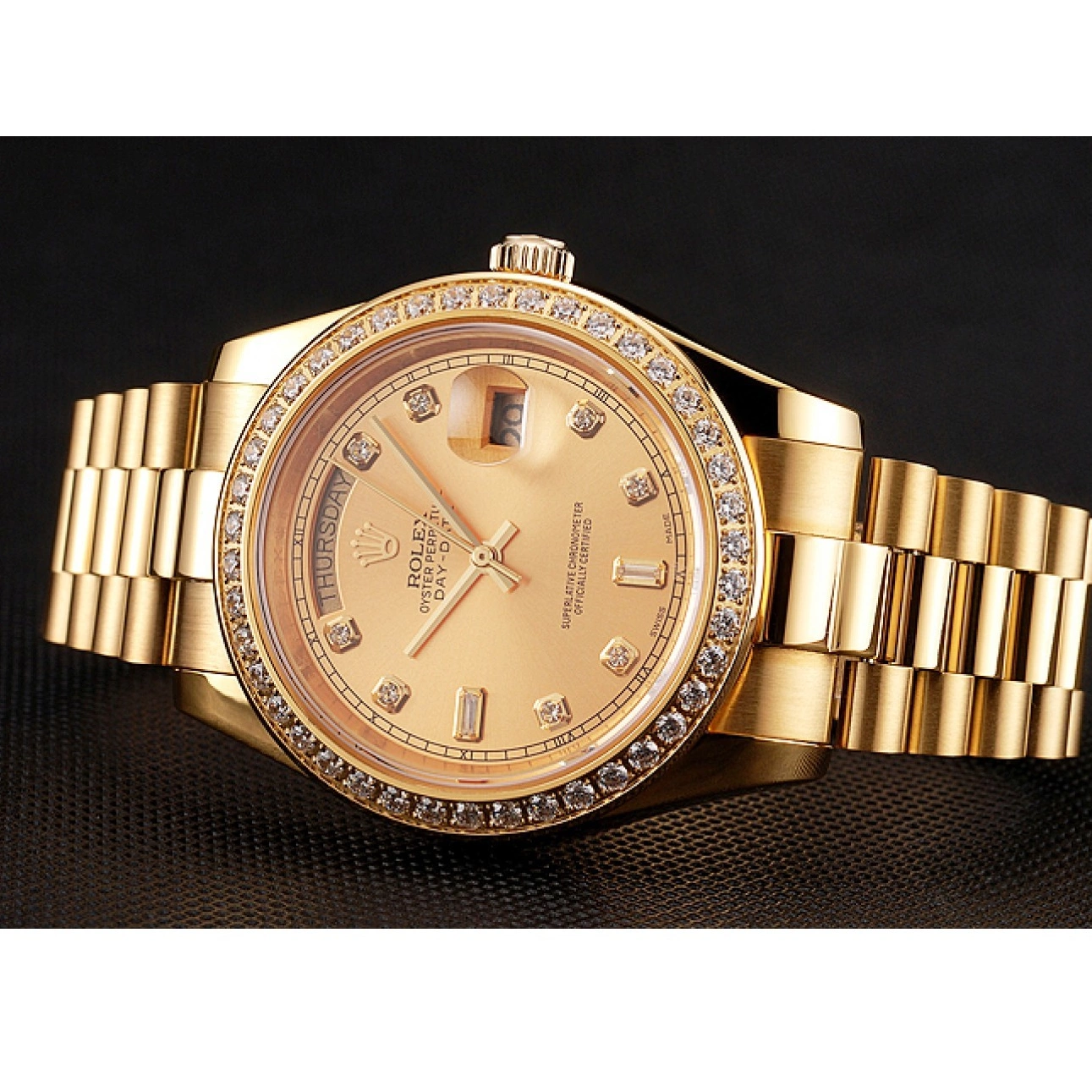 Aaa replica watch 1454099 Bezel Diamond Dial Champagne Gold Rolex Swiss Day-Date Bracelet 0721